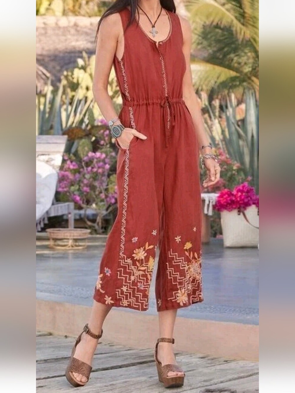 NWT Johnny Was Elia Embroidered Linen Tie Jumpsuit - Size Large